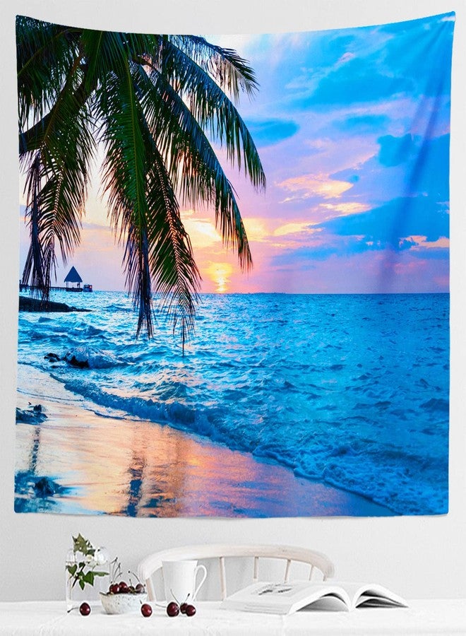 IcosaMro Ocean Tapestry for Bedroom Beach Palm Tree Wall Hanging Sunrise Decor, 51x60 Inches, Blue - Image 3